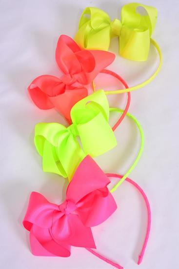 Headband Horseshoe Jumbo Neon Grosgrain Bow-tie / 12 pcs = Dozen  Bow Size - 6" x 5" Wide , 3 Neon Orange , 3 Neon Green , 3 Neon Pink , 3 Neon Yellow Color Mix , Hang Tag & UPC Code , W Clear Box-