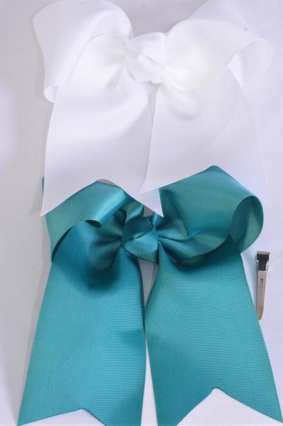 Hair Bow Extra Jumbo Long Tail Cheer Type Bow Jade Green & White Mix Grosgrain Bow-tie / 12 pcs Bow = Dozen Alligator Clip , Size-6.5" x 6" Wide , 6 White , 6 Jade Green Mix , Clip Strip & UPC Code