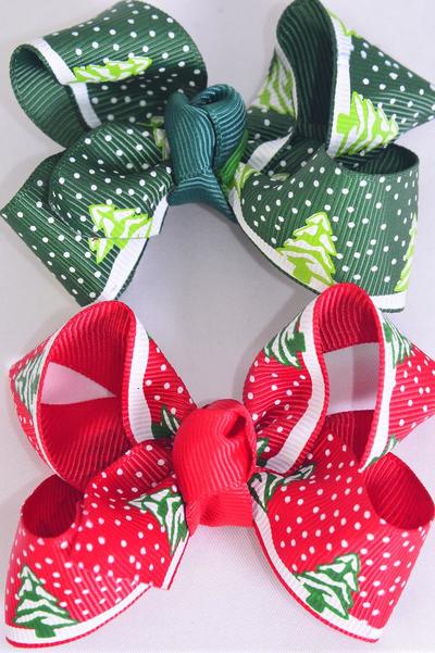 Hair Bow Xmas Alpine Winter Snow Day Grosgrain Bow-tie / 12 pcs Bow = Dozen Alligator Clip , Bow Size - 3" x 2" Wide , 8 Red , 4 Green Mix , Display Card & UPC Code , W Clear Box