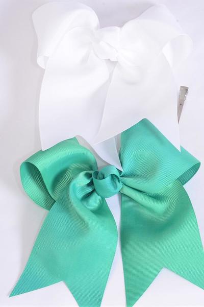 Hair Bow Extra Jumbo Long Tail Cheer Type Bow Caribbean Green & White Mix Grosgrain Bow-tie / 12 pcs Bow = Dozen Alligator Clip , Size-6.5" x 6" Wide , 6 Caribbean Green , 6 White Color Asst , Clip Strip & UPC Code