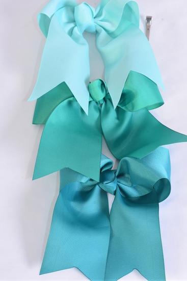 Hair Bow Extra Jumbo Long Tail Cheer Type Bow Green Mix Grosgrain Bow-tie / 12 pcs Bow = Dozen  Alligator Clip , Size - 6.5" x 6" Wide ,  4 Aqua , 4 Teal Green , 4 Caribbean Green Color Mix , Clip Strip & UPC Code