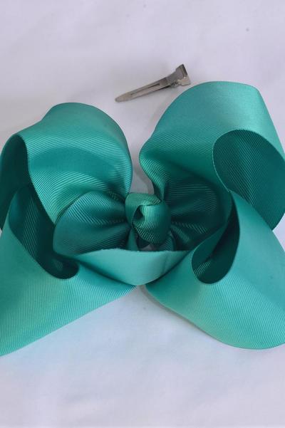 Hair Bow Extra Jumbo Cheer Type Bow Jade Green Grosgrain Bow-tie / 12 pcs Bow = Dozen Alligator Clip , Size - 8" x 7" Wide ,  Clip Strip & UPC Code