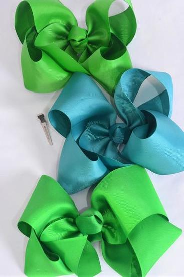 Hair Bow Extra Jumbo Cheer Type Bow Irish Green Mix Grosgrain Bow-tie / 12 pcs Bow = Dozen Green Mix , Size-8"x 7" Wide , Alligator Clip , 4 Kelly Green , 4 Classic Green , 4 Jade Green Asst , Clip Strip & UPC Code