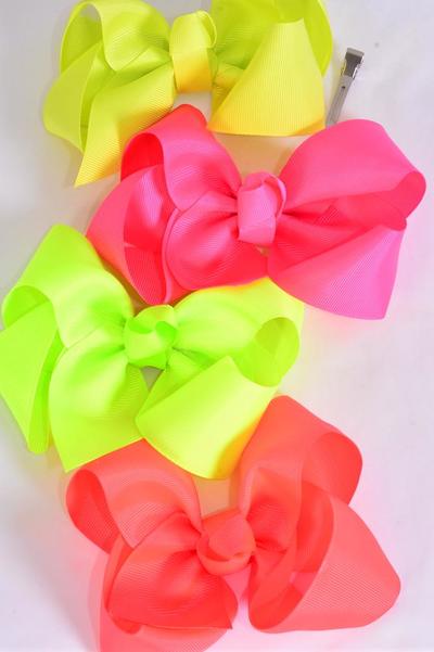 Hair Bow Jumbo Neon Grosgrain Bow-tie / 12 pcs Bow = Dozen Alligator Clip , Size - 6" x 5" Wide , 3 of each Pattern Asst , Clip Strip & UPC Code