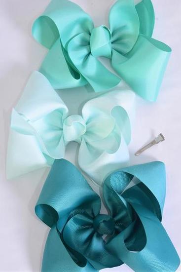 Hair Bow Extra Jumbo Cheer Type Bow Green Mix Grosgrain Bow-tie / 12 pcs Bow = Dozen Green Mix , Size - 8" x 7" Wide , Alligator Clip , 4 Jade Green , 4 Mint Green , 4 Aqua Mix , Clip Strip & UPC Code