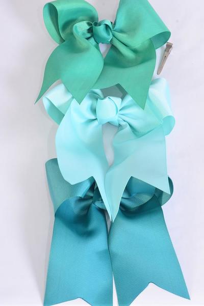 Hair Bow Extra Jumbo Long Tail Cheer Type Bow Green Mix Grosgrain Bow-tie / 12 pcs Bow = Dozen  Size-6.5"x 6" Wide , Alligator Clip , 4 Aqua , 4 Jade Green , 4 Caribbean Green Mix , Clip Strip & UPC Code