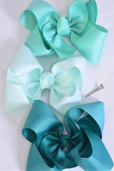 Hair Bow Extra Jumbo Cheer Type Bow Green Mix Grosgrain Bow-tie / 12 pcs Bow = Dozen Green Mix , Size - 8" x 7" Wide , Alligator Clip , 4 Jade Green , 4 Mint Green , 4 Aqua Mix , Clip Strip & UPC Code