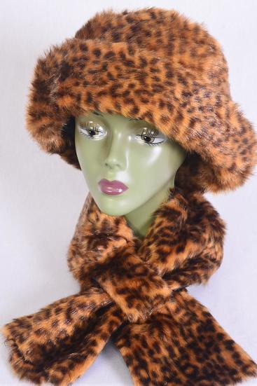 Hats Womens Leopard Plush Faux Fur Bucket Hat Scarf Matching Sets / Sets  Leopard , Scarf - 36" x 5.5 Wide , W OPP Bag