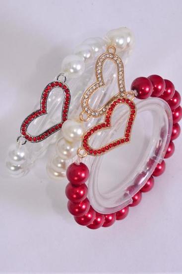 Bracelet 10 mm Glass Pearl Rhinestone Heart / 12 pcs = Dozen Stretch , Heart Size - 1.25" x 1" Wide , 4 of each Patterm Asst , Hang Tag & OPP bag & UPC Code