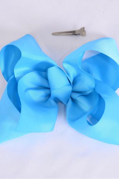 Hair Bow Jumbo Turquoise Grosgrain Fabric Bow-tie /  12 pcs Bow = Dozen Turquoise , Alligator Clip , Size - 6" x 5" Wide , Clip Strip & UPC Code