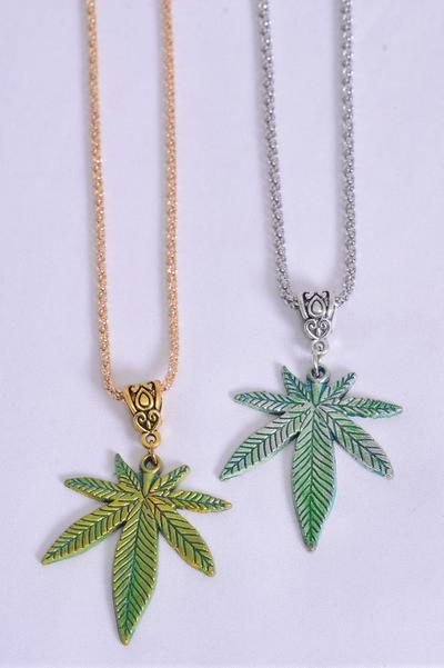 Necklace Chain Cannabis / 12 pcs = Dozen ,Match 00050 Pendant - 1.5" x 1.25" Wide , Chain-18" Extension Chain , 6 Gold , 6 Silver Asst , Hang Tag & OPP Bag & UPC Code