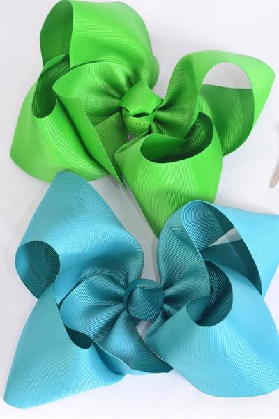 Hair Bow Jumbo Kelly Green & Jade Green Mix Grosgrain Bow-tie / 12 pcs Bow = Dozen Alligator Clip , Size - 6" x 5" Wide , 6 Kelly Green , 6 Jade Green Color Asst , Clip Strip & UPC Code