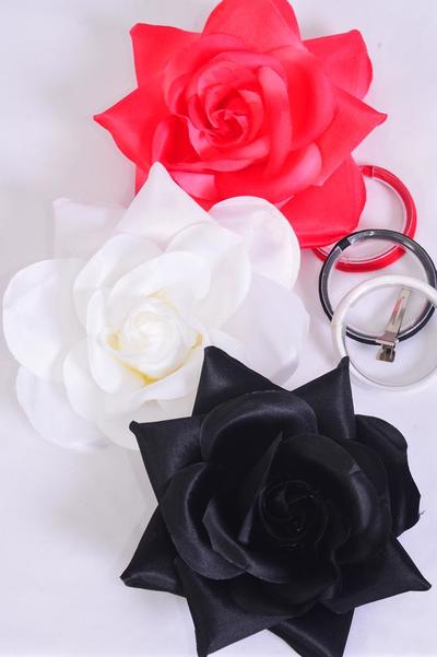 Flower Silk Flower Tea-Rose Large Red White Black Asst / 12 pcs Flower = Dozen Size - 5.5" Wide , Alligator Clip & Brooch & Elastic Pony , 4 Of Each Color Asst , Hang Tag & UPC Code, W Clear Box