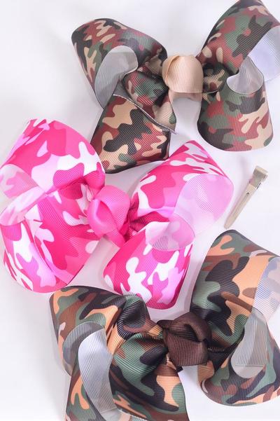 Hair Bow Jumbo Camouflage Grosgrain Bow-tie / 12 pcs Bow = Dozen Camo , Alligator Clip , Size - 6" x 5" Wide , 4 Of each Pattern Asst , Clip Strip & UPC Code