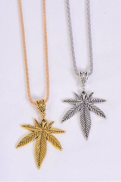 Necklace Chain Cannabis / 12 pcs = Dozen Match 00054 Cannabis , Pendant - 1.5" x 1.25" Wide , Chain-18" Extension Chain , 6 Of Each Pattern Asst , Hang Tag & OPP Bag & UPC Code