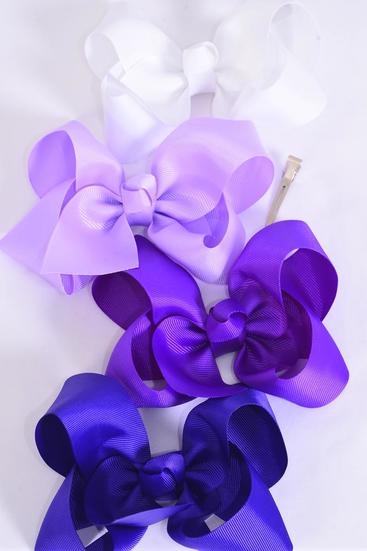 Hair Bow Jumbo Purple Mix Grosgrain Bow-tie / 12 pcs Bow = Dozen Alligator Clip , Size- 6"x 5" Wide , 3 of each Pattern Asst , Clip Strip & UPC Code