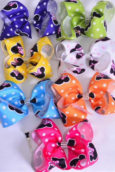 Hair Bow Jumbo Polka dots Mouse Ear Grosgrain Bow-tie / 12 pcs Bow = Dozen Alligator Clip , Size - 6" x 5" Wide ,  2 Fuchsia , 2 Blue , 2 White , 2 Purple , 2 Yellow , 1 Orange , 1 Lime Color Asst , Clip Strip & UPC Code