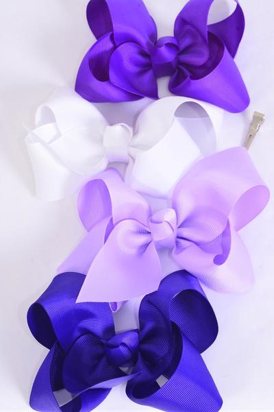 Hair Bow Jumbo Purple Mix Grosgrain Bow-tie / 12 pcs Bow = Dozen Purple Mix , Alligator Clip , Size- 6"x 5" Wide , 3 of each Color Asst , Clip Strip & UPC Code 