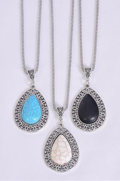 Necklace Silver Chain Metal Antique Teardrop Semiprecious Stone / 12 pcs = Dozen Pendant - 1.75" x 1.25" Wide , Chain-18" Extension Chain , 4 Ivory , 4 Black , 4 Turquoise Asst , Hang Tag & OPP Bag & UPC Code