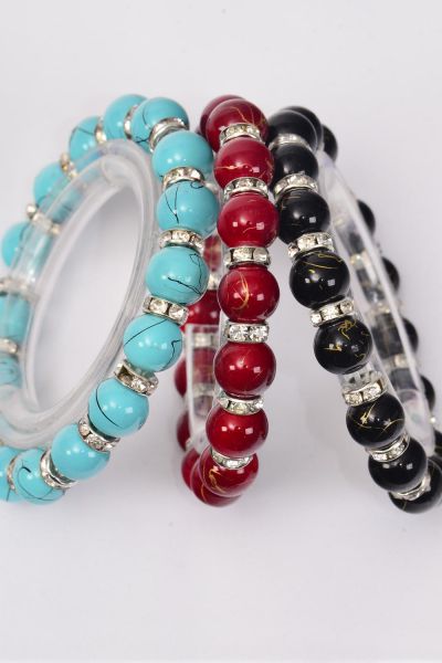 Bracelet Poly Ball & 10 mm Rhinestone Bezel All Around Stretch / Dozen Stretch , 4 Black , 4 Turquoise , 4 Red Color Asst , Hang Tag & Opp Bag & UPC Code