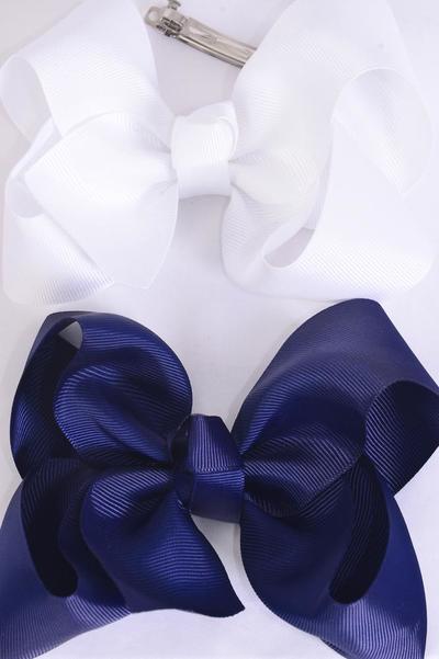 Hair Bow Jumbo Navy White Mix Grosgrain Bow-tie / 12 pcs Bow = Dozen French Clip , Size - 6" x 5" Wide , 6 Navy , 6 White Mix , Clip Strip and UPC Code