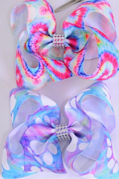 Hair Bow Jumbo Paw Print Tiedye Mix Grosgrain Bow-tie / 12 pcs Bow = Dozen Alligator Clip , Size - 6" x 5" Wide , 6 Of Each Pattern Asst , Clip Strip & UPC Code