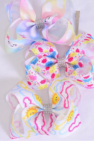 Hair Bow Jumbo Cute Happy Cloud Sun Mix Grosgrain Bow-tie / 12 pcs Bow = Dozen Alligator Clip , Size - 6" x 5" Wide , 4 of each Pattern Asst , Clip Strip & UPC Code