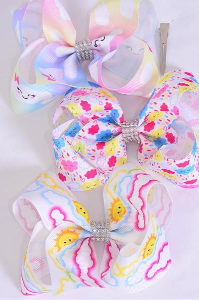 Hair Bow Jumbo Happy Cloud Grosgrain Bow-tie / 12 pcs Bow = Dozen Alligator Clip , Size - 6" x 5" Wide , 4 of each Pattern Asst , Clip Strip & UPC Code