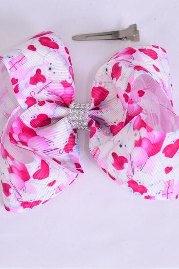 Hair Bow Jumbo Bear w Heart Balloons Grosgrain Bow-tie / 12 pcs Bow = Dozen  Alligator Clip , Size-6"x 5" Wide , Clip Strip & UPC Code