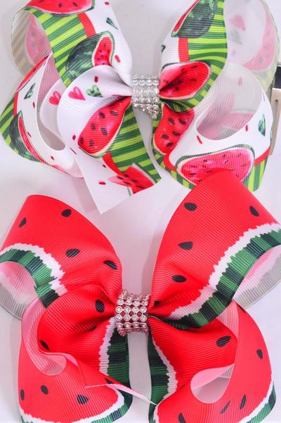 Hair Bow Jumbo Watermelon Grosgrain Bow-tie / 12 pcs Bow = Dozen Alligator Clip , Size - 6" x 5" Wide , 6 of each Pattern Asst , Clip Strip and UPC Code
