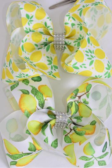 Hair Bow Jumbo Lemon Mix Grosgrain Bow-tie /  12 pcs Bow = Dozen Lemon , Alligator Clip , Size - 6" x 5" Wide , 6 of each Pattern Asst , Clip Strip & UPC Code