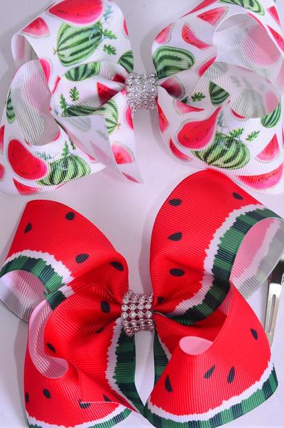 Hair Bow Jumbo Watermelon Grosgrain Bow-tie /  12 pcs Bow = Dozen Alligator Clip , Size - 6" x 5" Wide , 6 of each Pattern Asst , Clip Strip & UPC Code