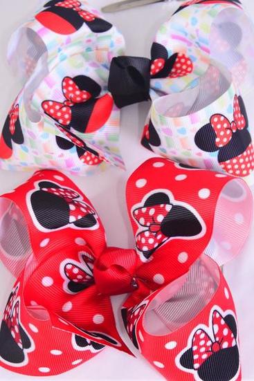 Hair Bow Jumbo Polka dots Mouse Ear Grosgrain Bow-tie / 12 pcs Bow = Dozen Alligator Clip , Size - 6"x 5" Wide , 6 Of Each Pattern Asst , Clip Strip & UPC Code