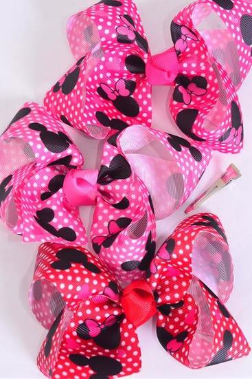 Hair Bow Jumbo Polka dots Mouse Ear Grosgrain Bow-tie / 12 pcs Bow = Dozen  Alligator Clip , Size- 6"x 5" Wide , 4 Hot Pink , 4 Fuchsia , 4 Red Color Mix , Clip Strip & UPC Code