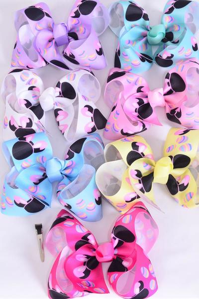 Hair Bow Jumbo Mouse Ear Pastel Grosgrain Bow-tie / 12 pcs Bow = Dozen  Alligator Clip , Size - 6" x 5" Wide , 2 White , 2 Pink , 2 Hot Pink , 2 Lavender, 2 Yellow , 1 Blue , 1 Mint Green Color Asst , Clip Strip & UPC Code