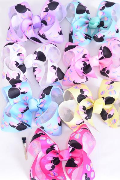Hair Bow Jumbo Mouse Ear Easter Egg Mix Pastel Grosgrain Bow-tie / 12 pcs Bow = Dozen Alligator Clip , Size - 6" x 5" Wide , 2 White , 2 Pink , 2 Hot Pink , 2 Lavender, 2 Yellow , 1 Blue , 1 Mint Green Color Asst , Clip Strip & UPC Code