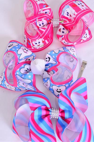 Hair Bow Jumbo Happy Tooth Grosgrain Bow-tie / Dozen Alligator Clip ,Size-6"x 5" Wide ,4 Of Each Pattern Asst ,Clip Strip & UPC Code
