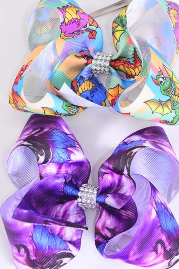Hair Bow Jumbo Cute Dragon Grosgrain Bow-tie /  12 pcs Bow = Dozen  Dragon , Alligator Clip , Size - 6" x 5" Wide , 6 Of Each Pattern Asst , Clip Strip and UPC Code