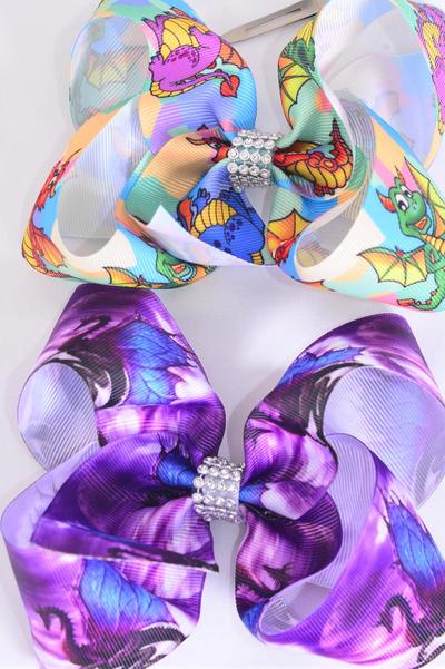 Hair Bow Jumbo Cute Dragon Grosgrain Bow-tie /  12 pcs Bow = Dozen  Dragon , Alligator Clip , Size - 6" x 5" Wide , 6 Of Each Pattern Asst , Clip Strip and UPC Code