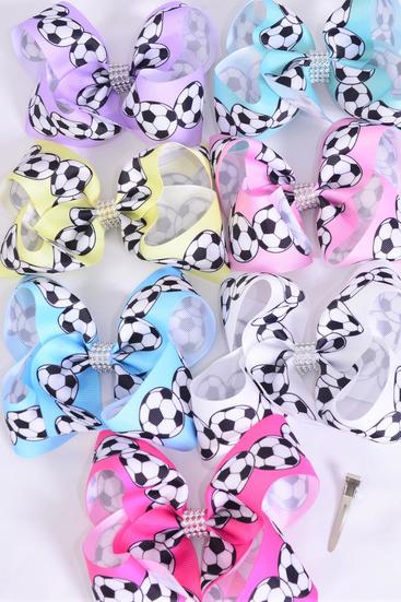 Hair Bow Jumbo Soccer Pastel Grosgrain Bow-tie / 12 pcs Bow = Dozen  Alligator Clip , Bow Size - 6" x 5" Wide , 2 Pink ,1 Blue , 1Yellow , 2 Lavender , 2 White , 2 Mint , 2 Hot Pink Color Mix , Clip Strip & UPC Code