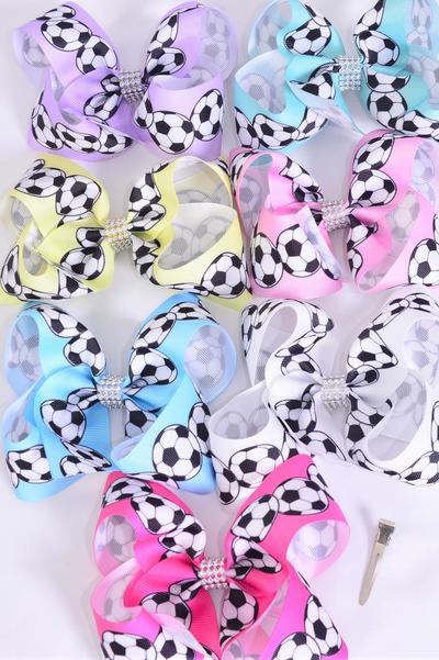 Hair Bow Jumbo Soccer Pastel Grosgrain Bow-tie / 12 pcs Bow = Dozen  Alligator Clip , Bow Size - 6" x 5" Wide , 2 Pink ,1 Blue , 1Yellow , 2 Lavender , 2 White , 2 Mint , 2 Hot Pink Color Mix , Clip Strip & UPC Code