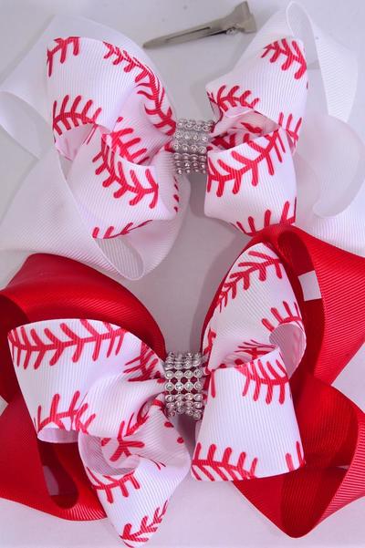 Hair Bow Jumbo Double Layered Baseball Grosgrain Bow-tie / 12 pcs Bow = Dozen Alligator Clip , Size - 6" x 5" Wide , 6 of each Pattern Asst , Clip Strip and UPC Code