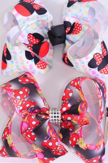 Hair Bow Jumbo Mouse Ear Polka dots Bowtie Mix Grosgrain Bow-tie / 12 pcs Bow = Dozen Alligator Clip , Size - 6" x 5" Wide ,  6 Of Each Pattern Asst , Clip Strip & UPC Code