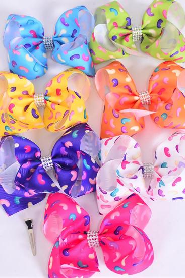 Hair Bow Jumbo Jelly Bean Candies Citrus Grosgrain Bow-tie / 12 pcs Bow = Dozen  Alligator Clip , Size - 6" x 5" Wide , 2 Fuchsia , 2 Blue , 2 White , 2 Purple , 2 Yellow , 1 Orange , 1 Lime Color Asst , Clip Strip & UPC Code