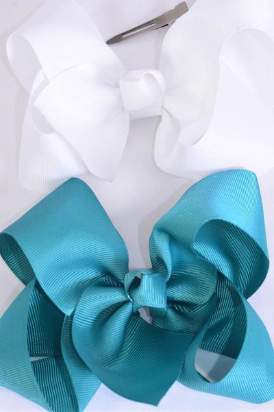 Hair Bow Jumbo Jade Green White Mix Grosgrain Bow-tie / 12 pcs Bow = Dozen Alligator Clip , Size - 6" x 5" Wide , 6 of each Pattern Asst , Clip Strip & UPC Code