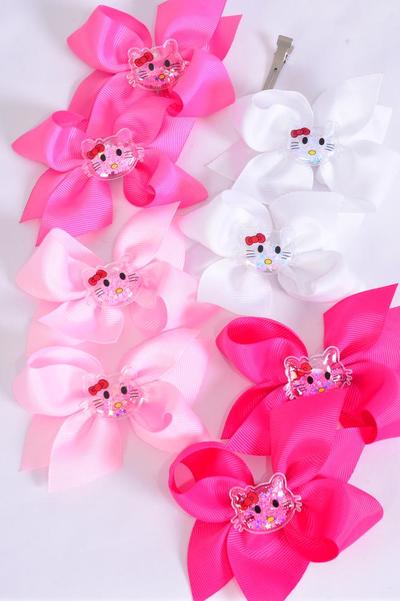 Hair Bow 24 pcs Center Cute Kitty Cat Charm Pink Mix Grosgrain Bow-tie / 24 pcs Bow = Dozen  Alligator Clip , Size - 3.5" x 3" Wide , 3 White , 3 Baby Pink , 3 Hot Pink , 3 Fuchsia Color Asst , Clip Strip & UPC Code