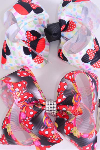 Hair Bow Jumbo Mouse Ear Polka dots Bowtie Mix Grosgrain Bow-tie / 12 pcs Bow = Dozen Alligator Clip , Size - 6" x 5" Wide ,  6 Of Each Pattern Asst , Clip Strip & UPC Code