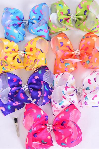 Hair Bow Jumbo Jelly Bean Candies Citrus Grosgrain Bow-tie / 12 pcs Bow = Dozen  Alligator Clip , Size - 6" x 5" Wide , 2 Fuchsia , 2 Blue , 2 White , 2 Purple , 2 Yellow , 1 Orange , 1 Lime Color Asst , Clip Strip & UPC Code