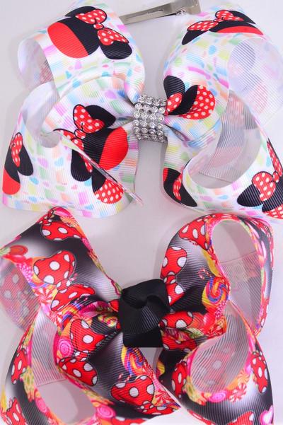 Hair Bow Jumbo Mouse Ear Polka dots Bowtie Mix Grosgrain Bow-tie / 12 pcs Bow = Dozen Alligator Clip , Size - 6" x 5" Wide ,  6 Of Each Pattern Asst , Clip Strip & UPC Code