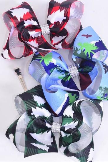 Hair Bow Jumbo Plaid Alpine Tree Wildlife Mix Grosgrain Bow-tie / 12 pcs Bow = Dozen Alligator Clip , Size - 6"x 5" Wide , 4 Of Each Pattern Asst , Clip Strip & UPC Code